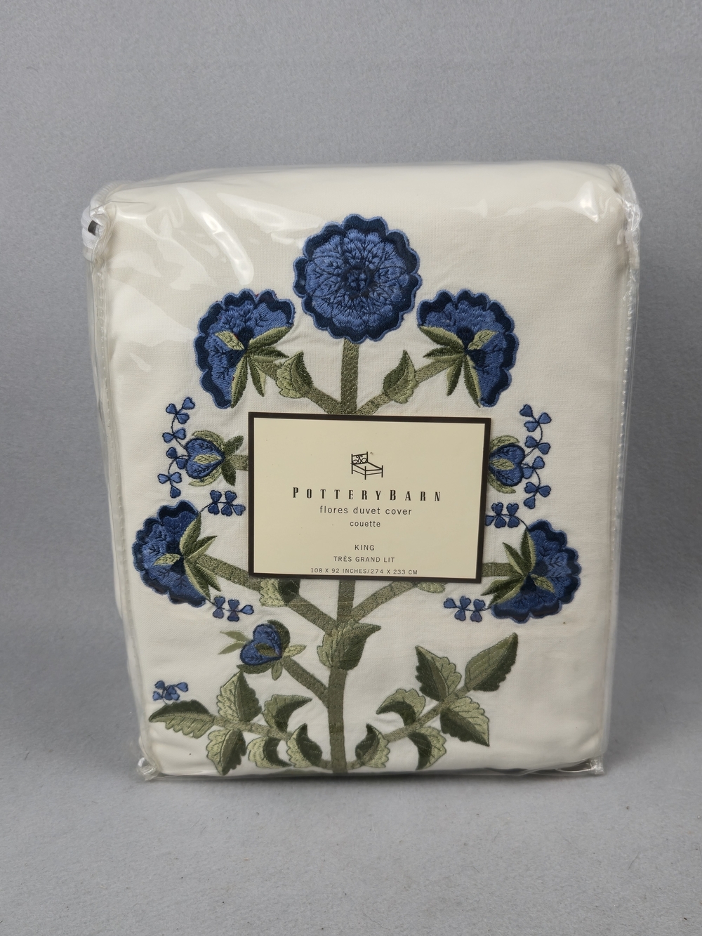 Pottery Barn Flores Retired King Duvet Cover Blue Red Floral Embroidered NIP